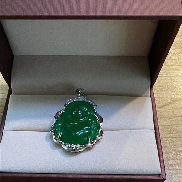 Jade Jewelry - Green Jade  Buddha Pendant with Silver Accents. Women/ Men jewelry
